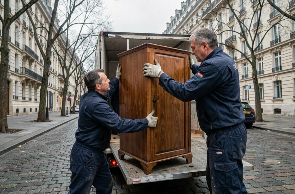 Déménageurs professionnels chargeant un meuble dans un camion par temps hivernal en ville
