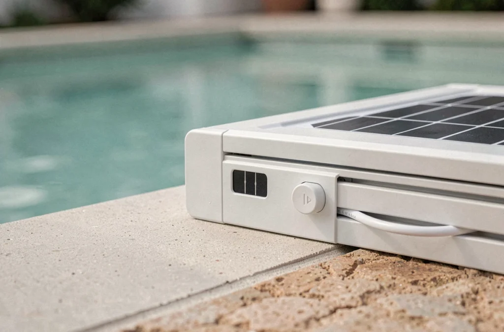 Gros plan sur le boîtier solaire d'un volet roulant de piscine avec panneau photovoltaïque intégré et commande manuelle