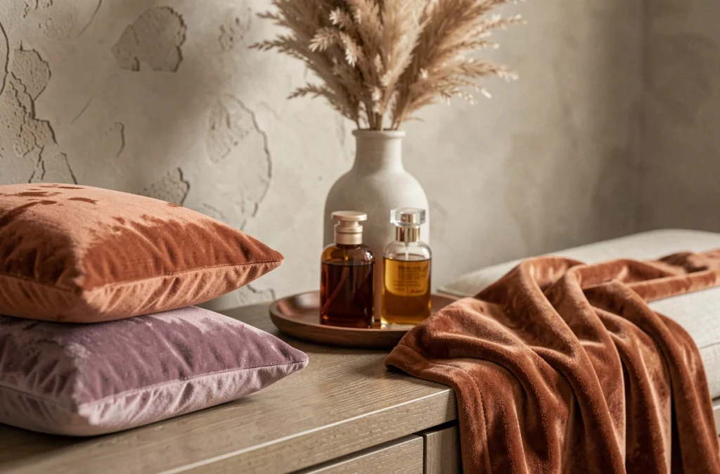 Détail de décoration chambre avec des coussins et un plaid en velours terracotta et mauve sur une commode en bois naturel