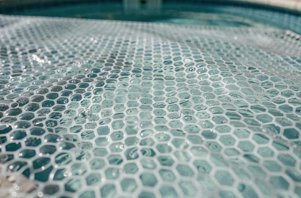 Gros plan sur la surface à bulles d'une couverture solaire flottant sur l'eau d'une piscine pour réduire l'évaporation