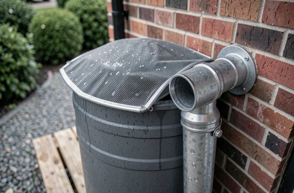 Gros plan sur le filtre anti-moustiques et le trop-plein d'un récupérateur d'eau de pluie avec gouttes d'eau