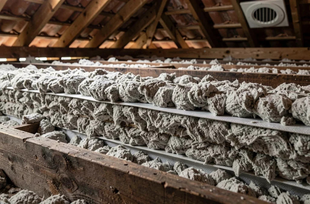 Gros plan sur une couche de ouate de cellulose soufflée entre les solives d'un plancher de combles perdus