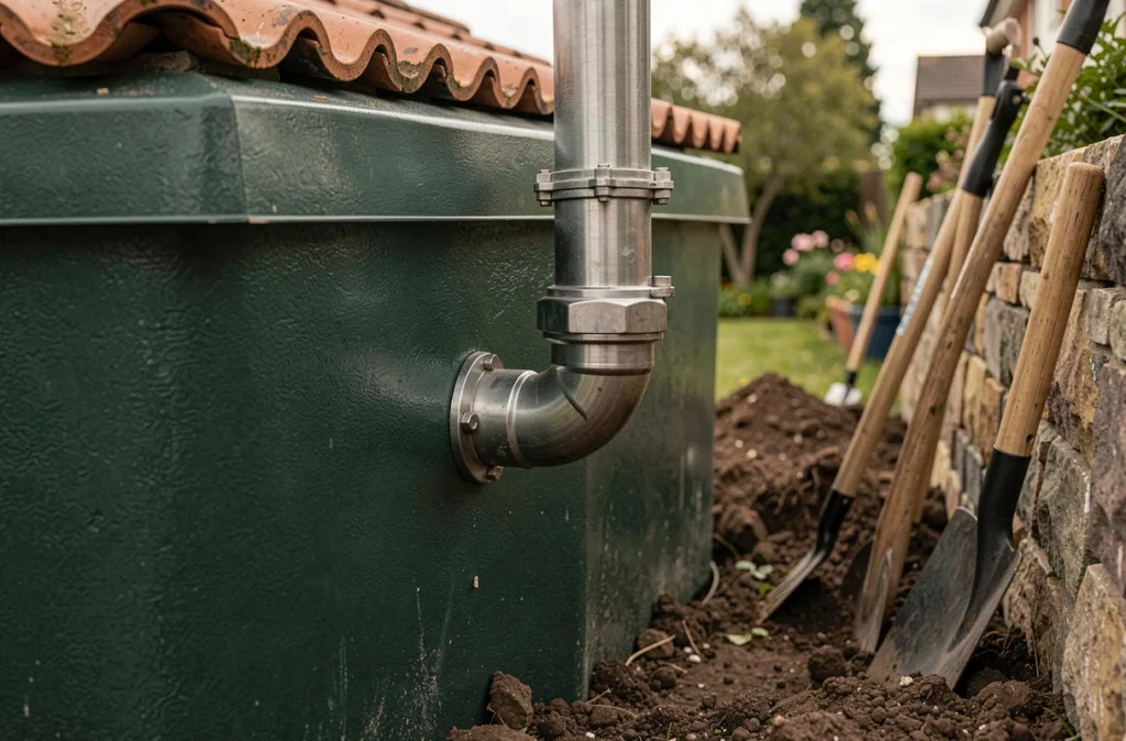 Détail d'un raccordement de gouttière à un récupérateur d'eau de pluie hors-sol dans un jardin en cours de réaménagement