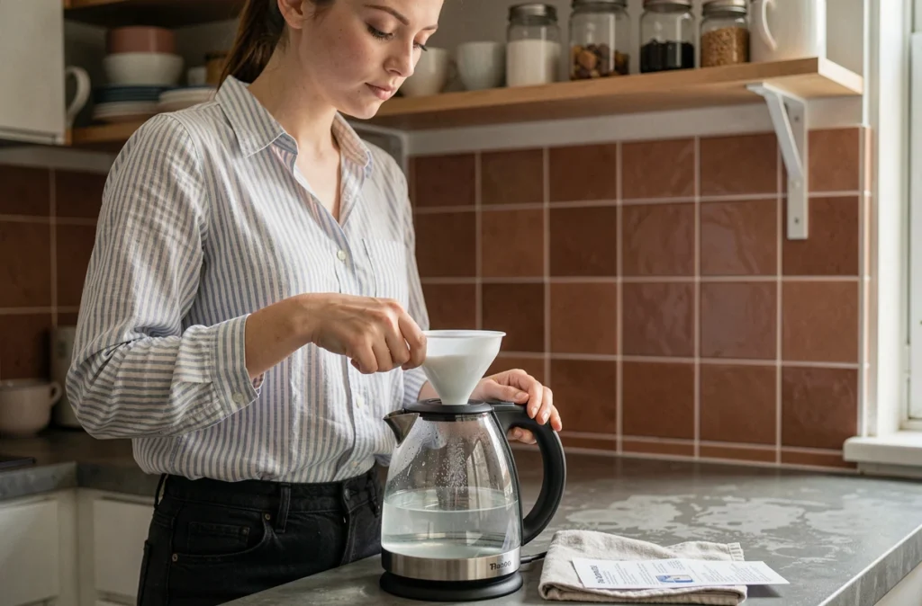 Jeune femme détartrant une bouilloire électrique dans une cuisine urbaine
