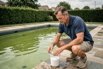 Homme dosant du chlore choc en granulés au bord d'une piscine à eau verte pour traiter une algue