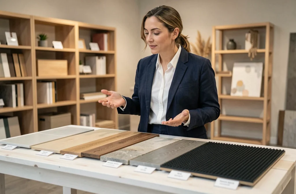 Conseillère en showroom présentant des échantillons de revêtements de sol adaptés aux pièces humides