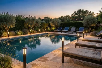Piscine extérieure entourée de lampes solaires LED sur piquet le long d'un chemin en pierre au crépuscule