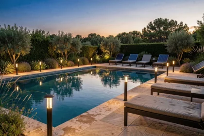 Piscine extérieure entourée de lampes solaires LED sur piquet le long d'un chemin en pierre au crépuscule
