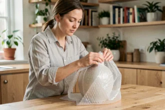Femme emballant soigneusement un vase en céramique fragile avec du papier bulle avant un déménagement