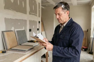 Entrepreneur en rénovation consultant un devis travaux dans une cuisine en cours de réfection