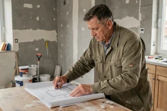 Entrepreneur en bâtiment consultant des plans de rénovation dans un appartement urbain en travaux