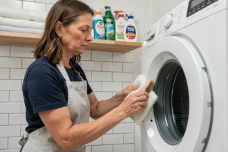 Femme entretenant le joint de hublot d'un lave-linge dans une buanderie moderne