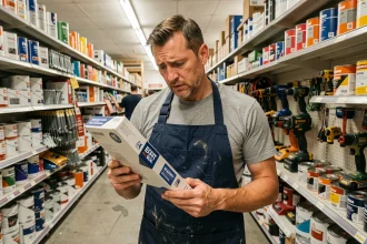 Homme confus comparant des produits dans un rayon de magasin de bricolage, illustrant les erreurs d'achat coûteuses