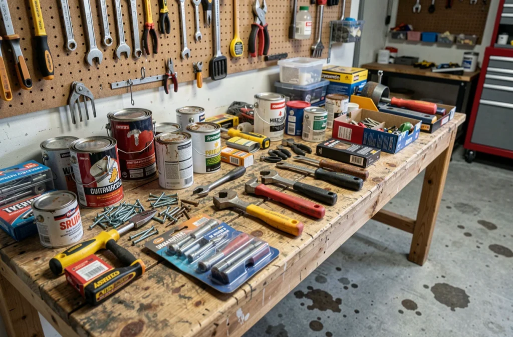 Établi de garage encombré de produits de bricolage bon marché mal choisis, illustrant les achats inutiles et coûteux