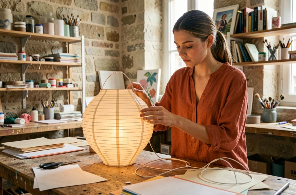 Femme assemblant une lampe en papier artisanale dans un atelier parisien aux murs en pierre apparente