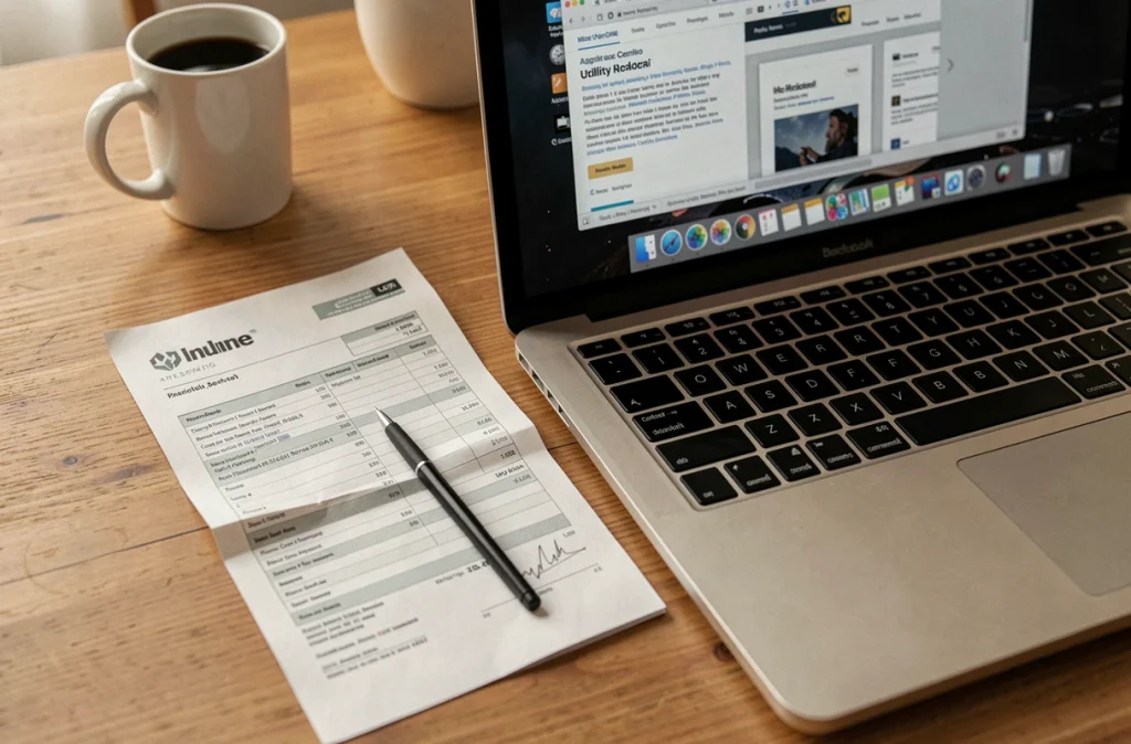 Vue de dessus d'une facture posée sur un bureau à côté d'un ordinateur affichant un outil PDF pour transformer une facture en justificatif de domicile