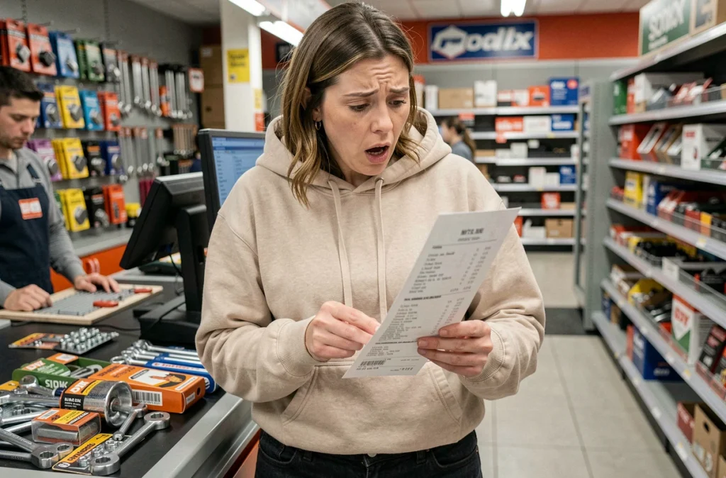Femme surprise par le montant de sa facture à la caisse d'un magasin de bricolage low cost