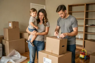 Jeune famille avec un bébé en train de faire leurs cartons lors d'un déménagement dans un salon à moitié vide