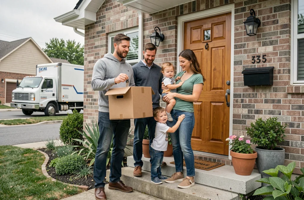 Famille avec deux jeunes enfants devant leur nouvelle maison lors de leur journée de déménagement