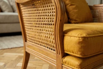 Fauteuil vintage avec cannage tressé en rotin naturel, motif hexagonal classique, coussin en lin ocre sur parquet chêne clair