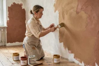 Femme appliquant une peinture naturelle à l'argile sur un mur intérieur avec un pinceau large dans un salon chaleureux aux tons terre cuite