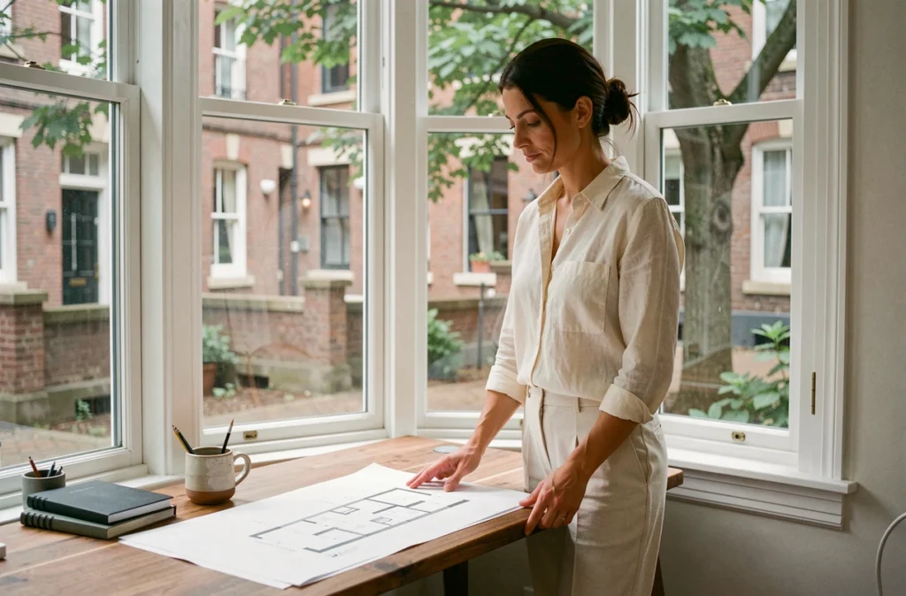 Femme architecte travaillant près d'une fenêtre en baie dans un bureau à domicile lumineux avec vue sur cour urbaine