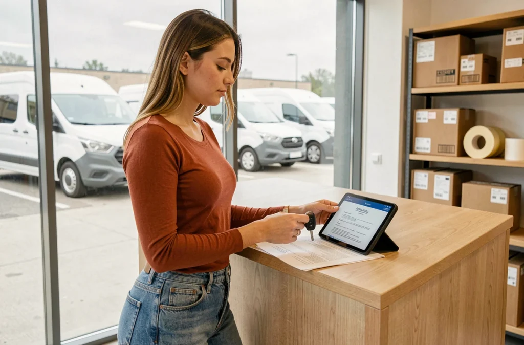 Femme récupérant les clés d'un utilitaire de location à l'agence pour transporter des meubles