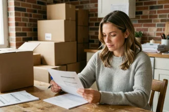 Femme consultant des contrats d'énergie à une table en bois entourée de cartons de déménagement dans un appartement