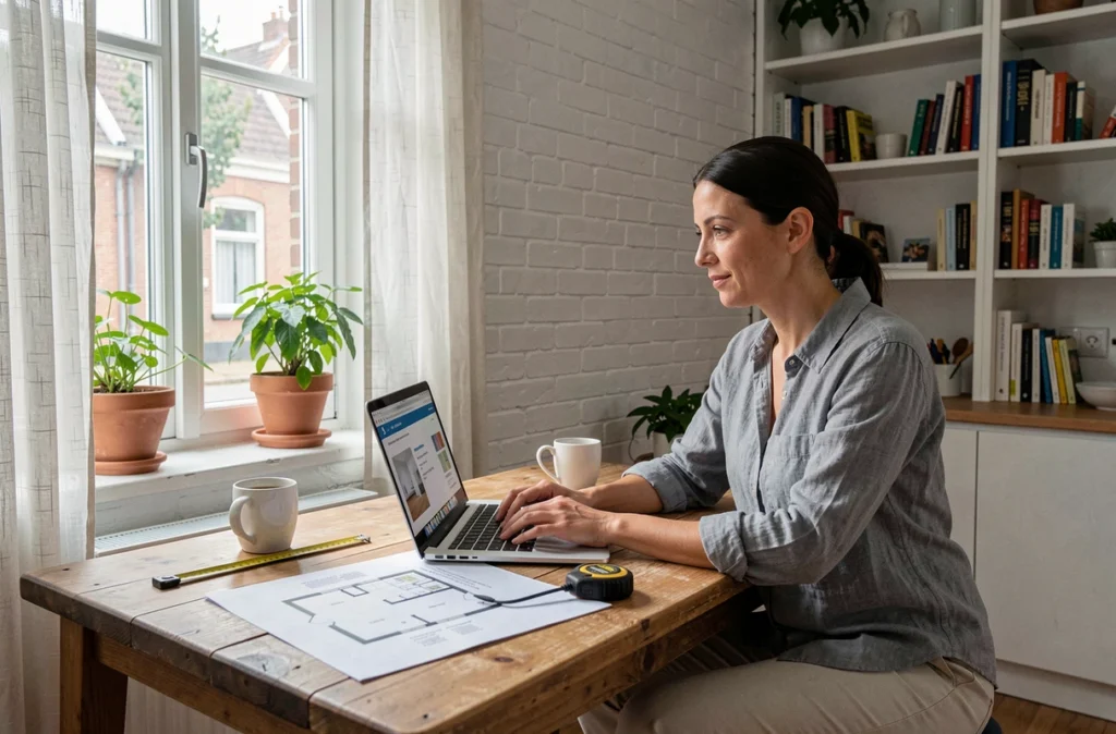 Femme consultant un site de devis travaux en ligne depuis son domicile avec plan de rénovation
