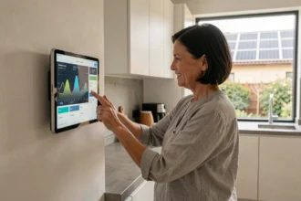 Femme utilisant un tableau de bord domotique solaire dans une cuisine moderne connectée