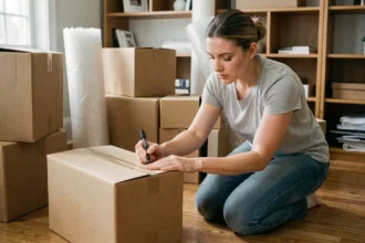 Femme organisant et étiquetant des cartons de déménagement dans un salon partiellement emballé