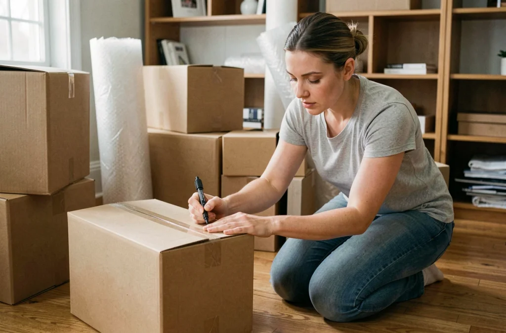 Femme organisant et étiquetant des cartons de déménagement dans un salon partiellement emballé