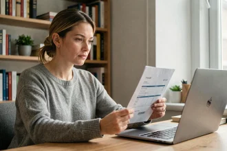 Femme consultant une facture papier devant son ordinateur portable pour créer un justificatif de domicile en ligne
