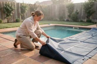 Femme installant une bâche solaire bleue sur une piscine rectangulaire dans un jardin résidentiel