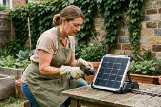 Femme jardinière rechargeant une taille-haie sans fil via une borne solaire portative dans un jardin potager