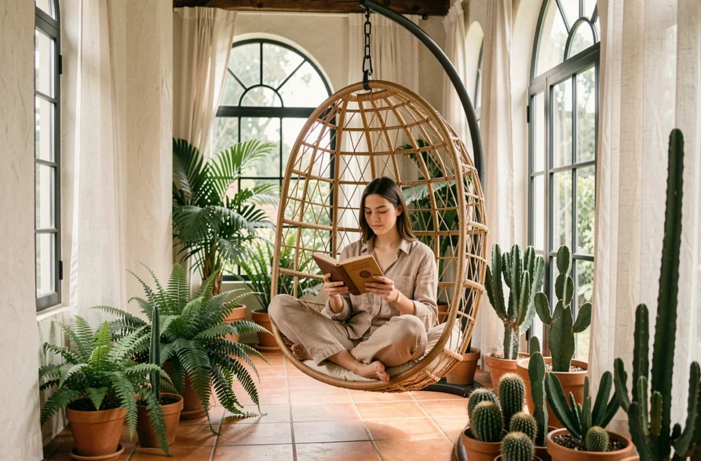 Femme lisant dans un fauteuil suspendu en rotin dans une véranda bohème avec des plantes vertes