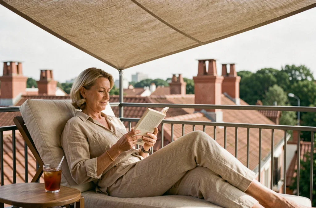 Femme détendue lisant sous une voile solaire carrée sur un balcon urbain avec vue sur les toits de la ville