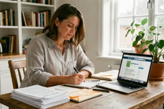 Femme organisant ses documents administratifs avant un déménagement à la table de sa cuisine