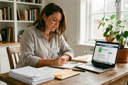 Femme organisant ses documents administratifs avant un déménagement à la table de sa cuisine