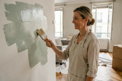 Femme appliquant une peinture écologique vert sauge sur un mur de salon en rénovation