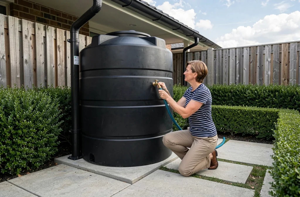 Femme connectant un tuyau d'arrosage au robinet d'un grand récupérateur d'eau de pluie dans un jardin moderne