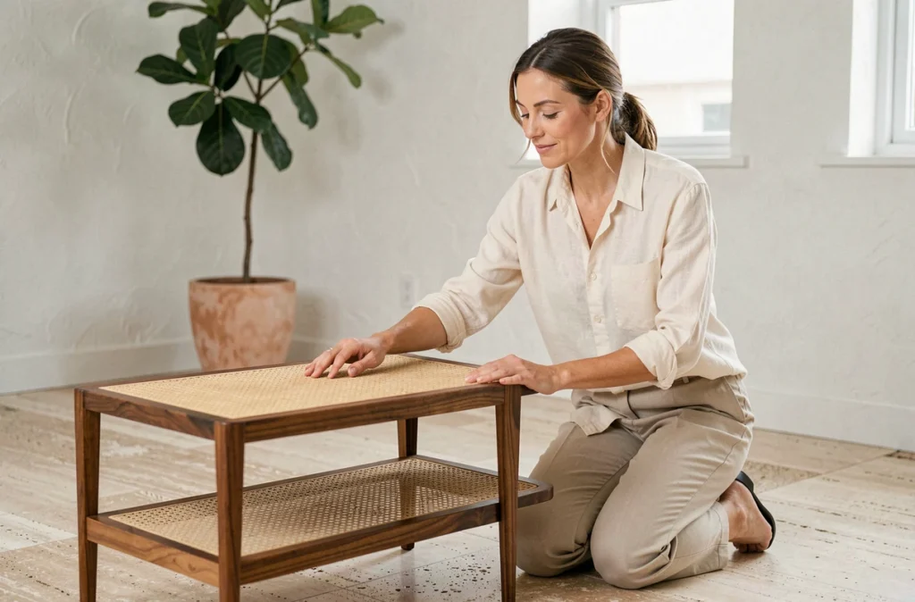 Femme touchant le cannage d'une table basse en noyer mid-century dans un salon lumineux au style naturel et épuré
