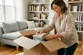 Femme qui trie et range des vêtements dans un carton de don avant un déménagement ou une vente de biens inutilisés