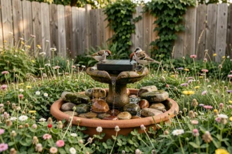 Fontaine solaire de jardin en céramique avec deux oiseaux se désaltérant, entourée de fleurs sauvages et de verdure luxuriante