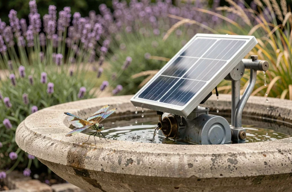 Gros plan sur une fontaine solaire avec une libellule posée sur le bord, détail du panneau solaire intégré et reflets d'eau