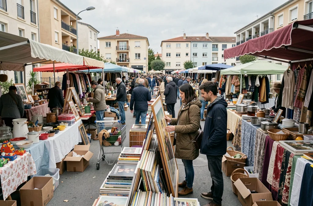 Vue d'ensemble d'un grand vide grenier animé en banlieue de Montpellier, avec des stands bondés d'objets de brocante et des visiteurs en train de fouiner