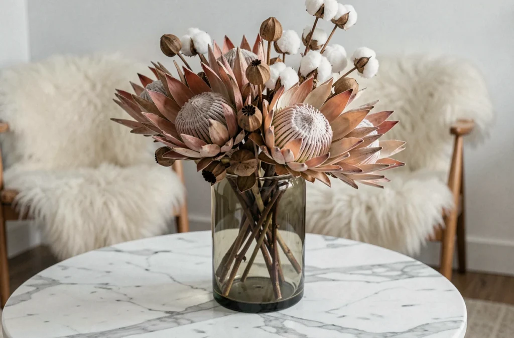 Gros plan d'un bouquet de fleurs séchées avec proteas et capsules d'honestéte dans un vase en verre fumé sur table en marbre