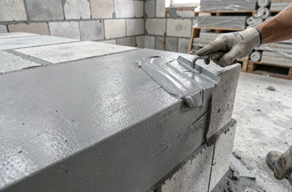 Gros plan sur une surface d'enduit lissé sur parpaings avec une taloche plastique dans un intérieur en rénovation