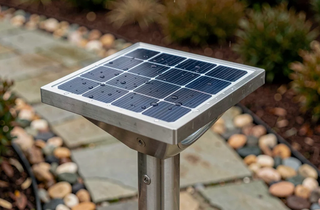 Gros plan d'un luminaire solaire en inox avec panneau photovoltaïque mouillé dans un jardin