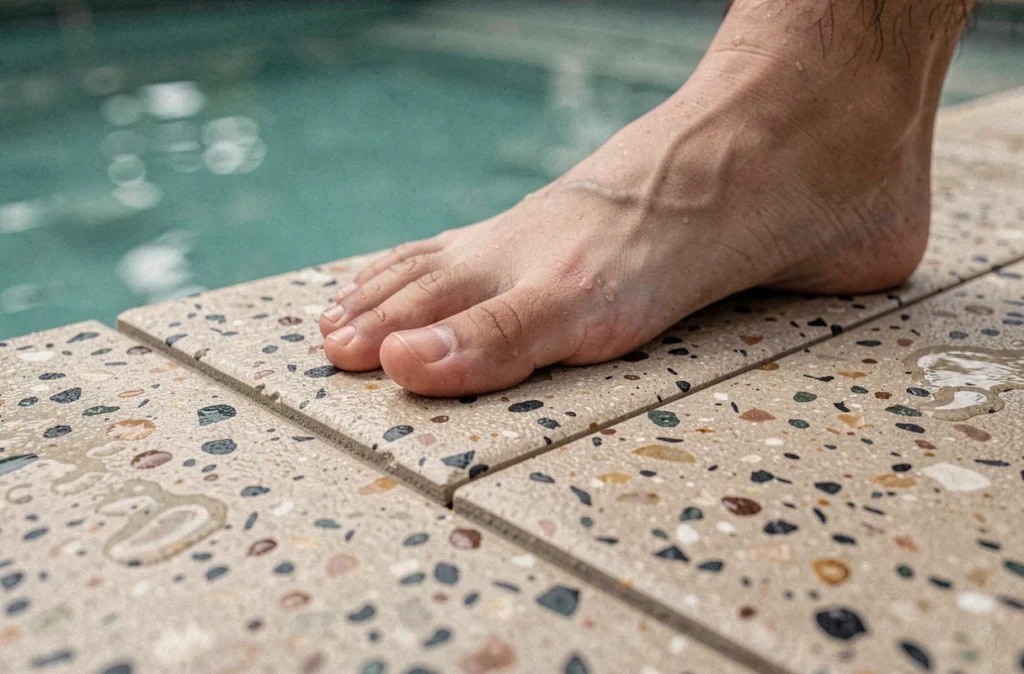 Gros plan sur des margelles en composite recyclé au bord d'une piscine avec détail de texture